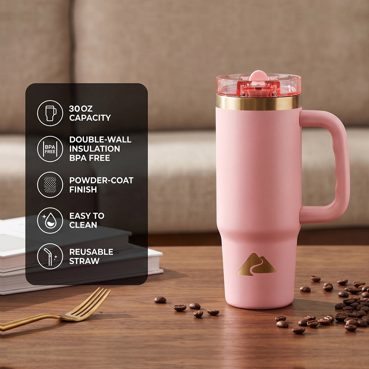 Ozark Trail 30 oz Stainless Steel Insulated Travel Tumbler with Handle and Flip Straw Lid, Rose Shimmer